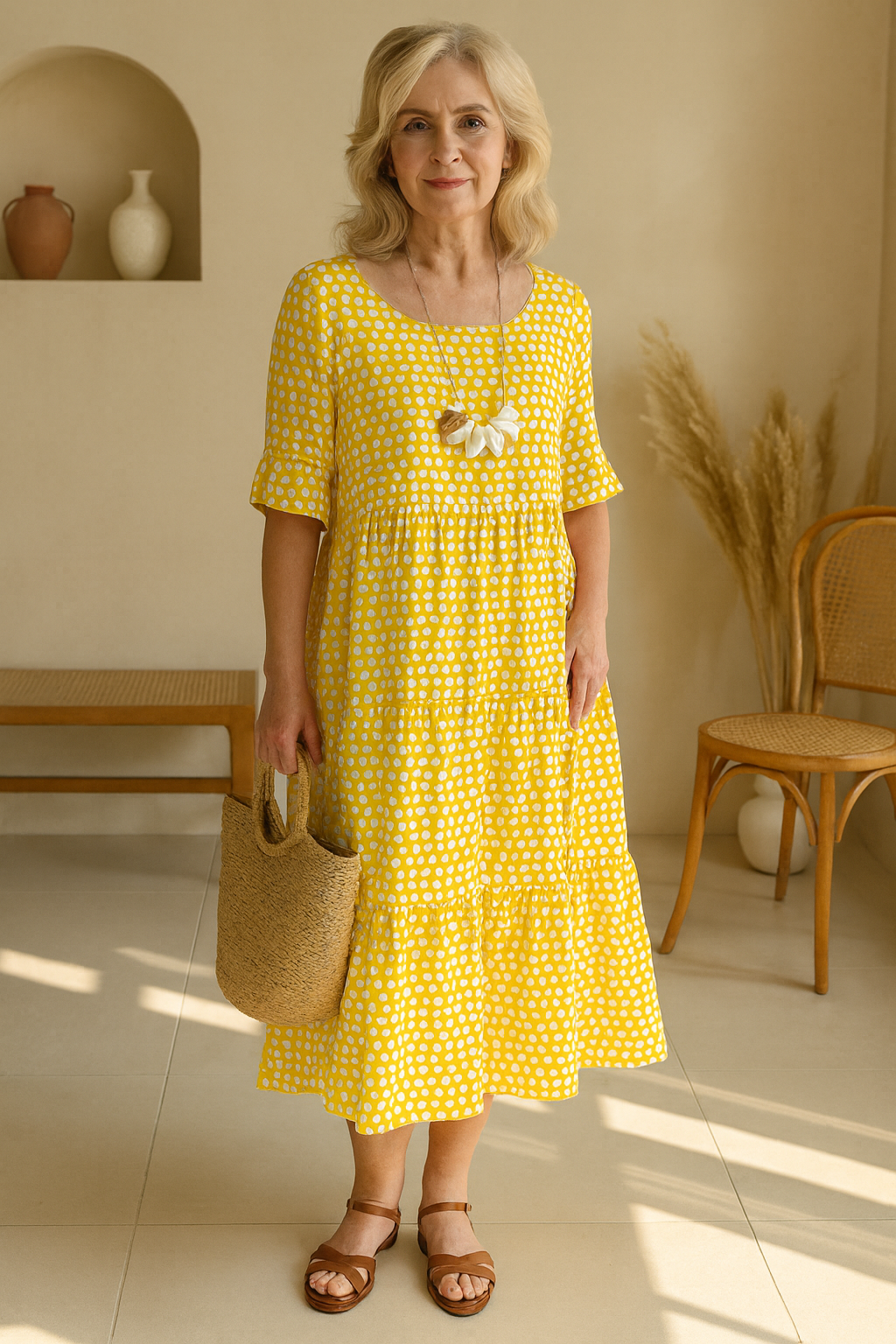 Flowy Midi Dress Natural Elegance - Noemie