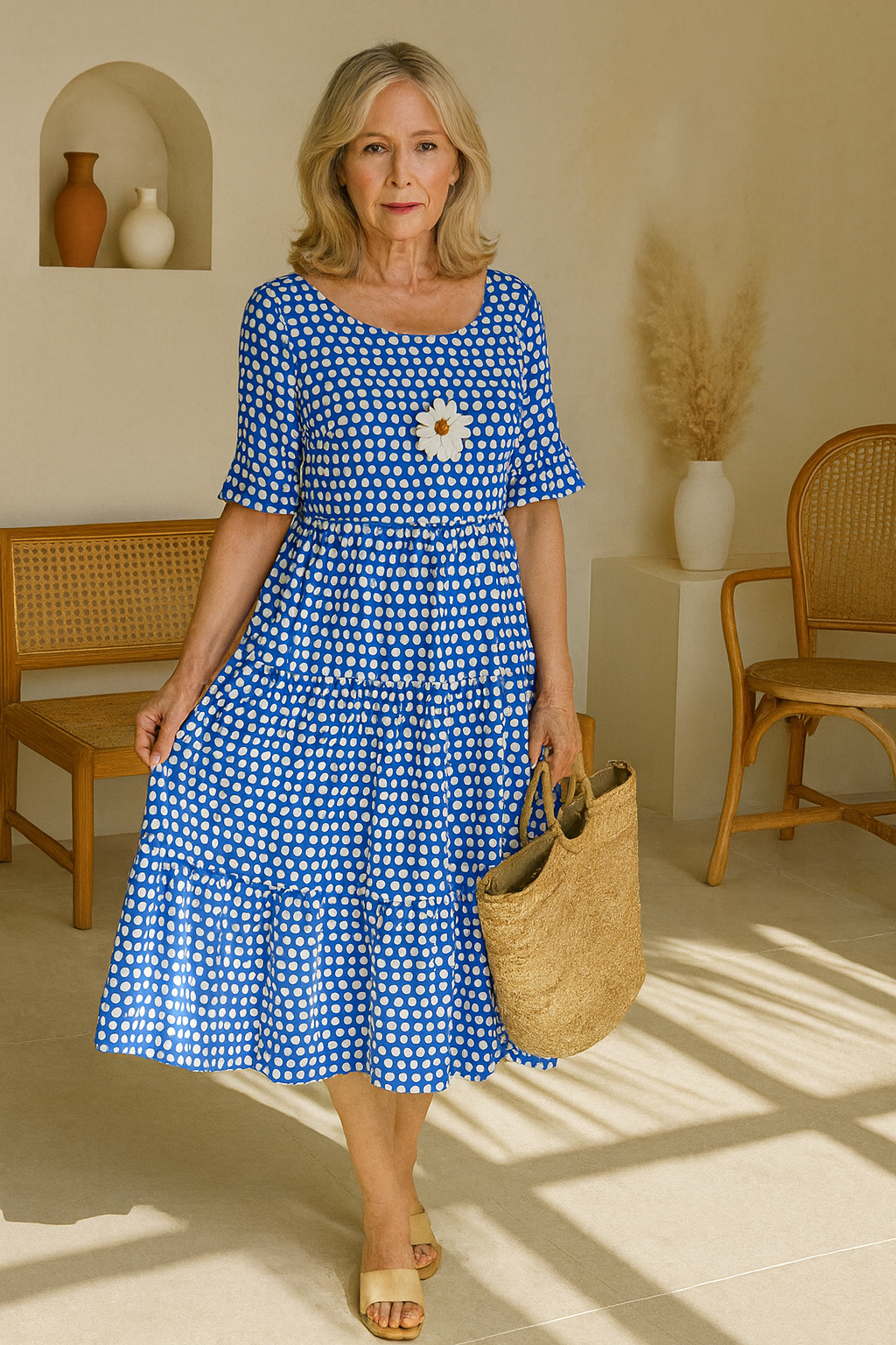 Flowy Midi Dress Natural Elegance - Noemie