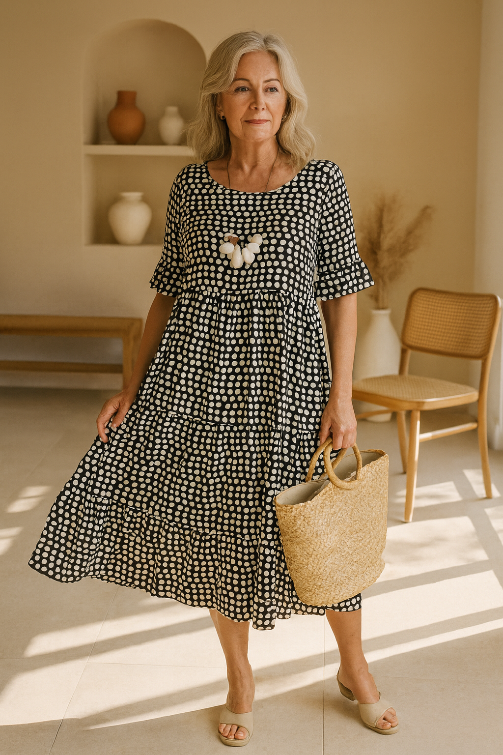 Flowy Midi Dress Natural Elegance - Noemie