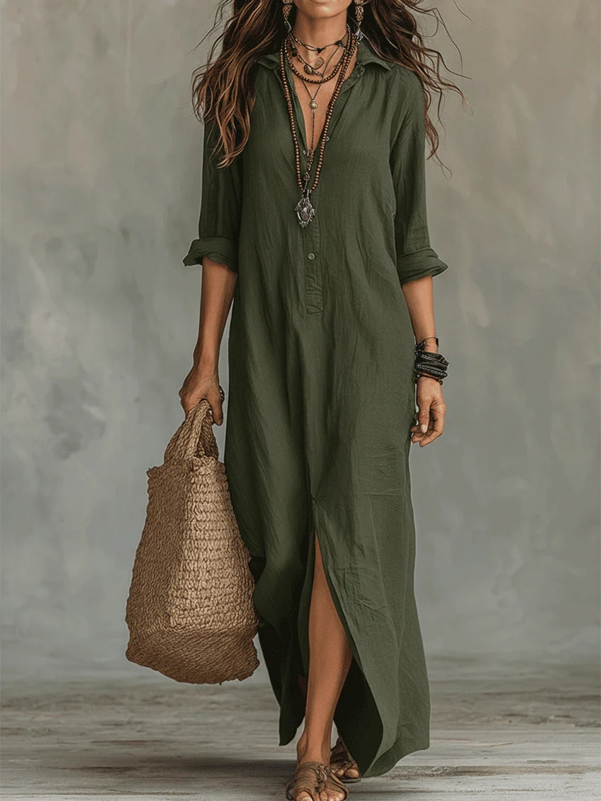 Long Black Maxi Dress with Buttons - Black
