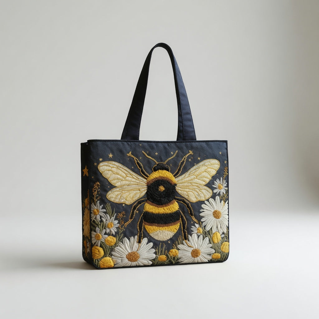 Artisan Tote Bag Bee with Daisies and Stars