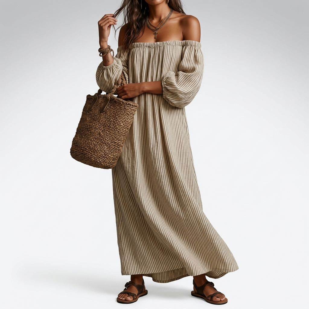 Cotton Linen Off Shoulder Maxi Dress