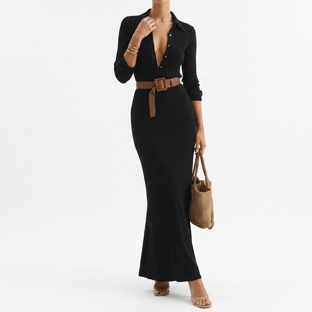 Maxi Dress with Lapels and Waist Belt - Camille