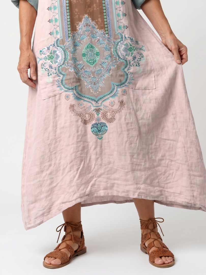 Casual Midi Dress with Embroidered Panel and Pockets