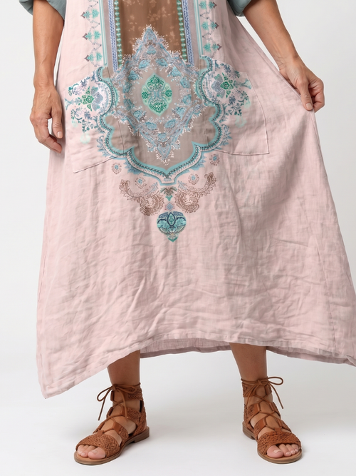 Casual Midi Dress with Embroidered Panel and Pockets