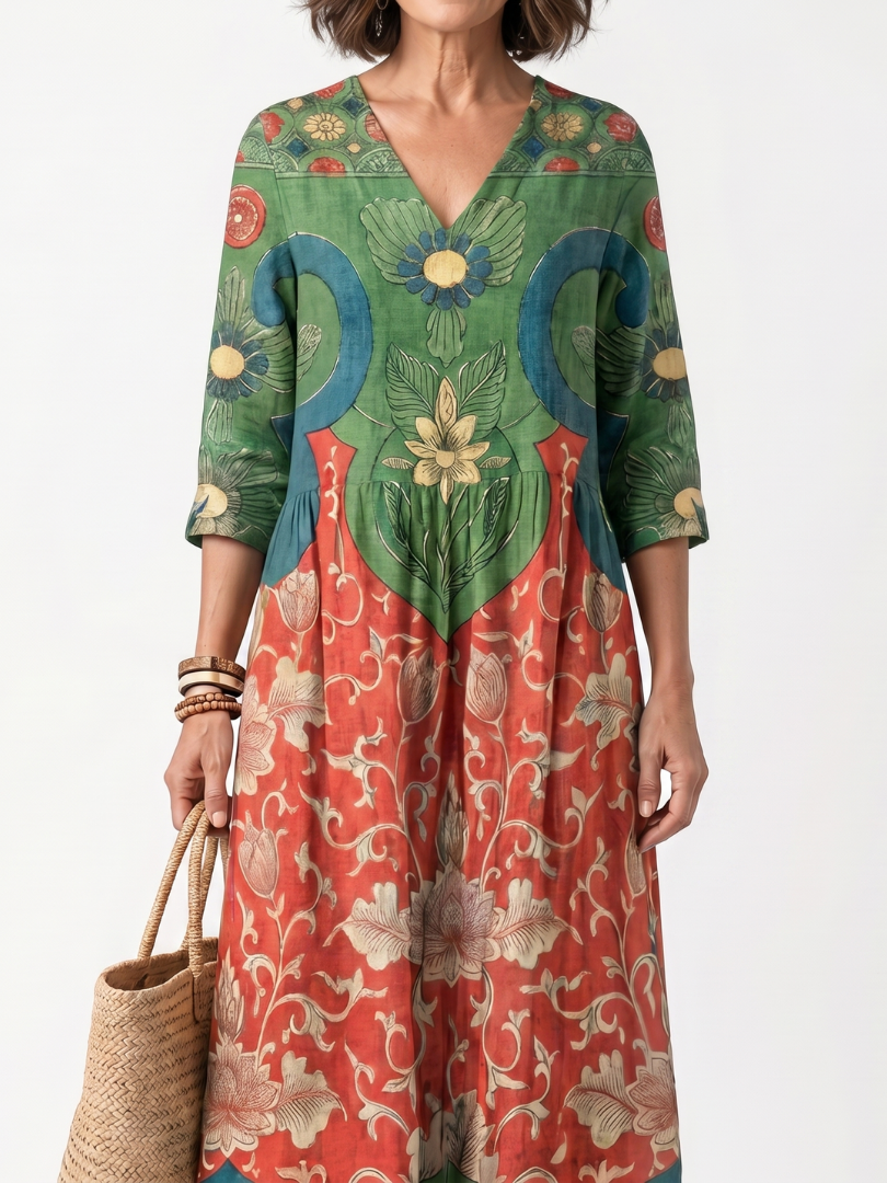 V Neck Midi Dress with Mixed Print and Pockets