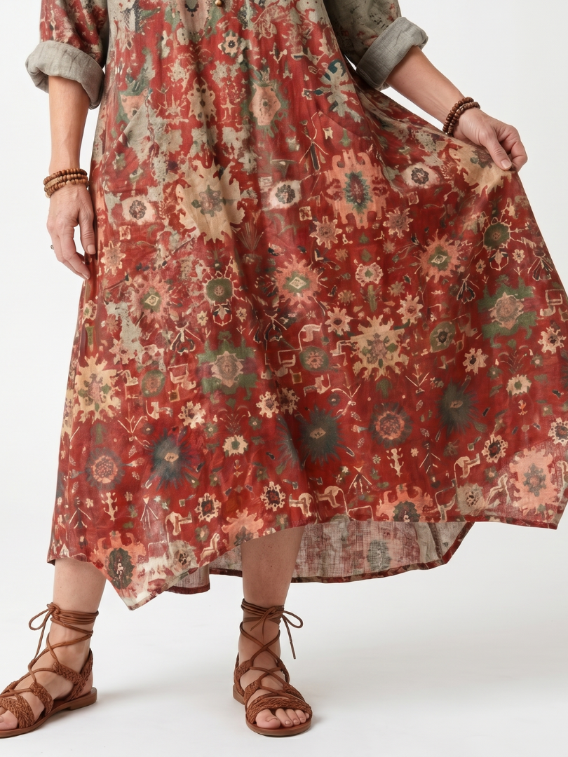 Casual Mixed Print Midi Dress with Pockets