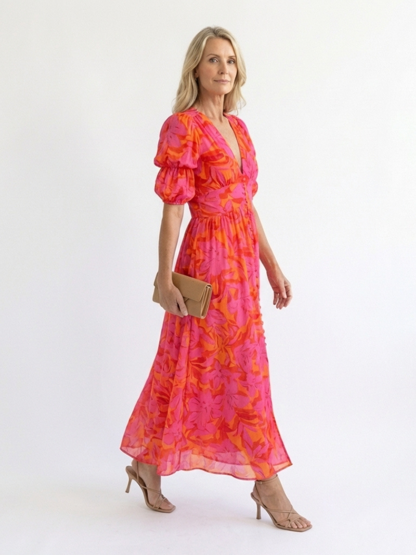 Floral V Neck Midi Dress with Puff Sleeves