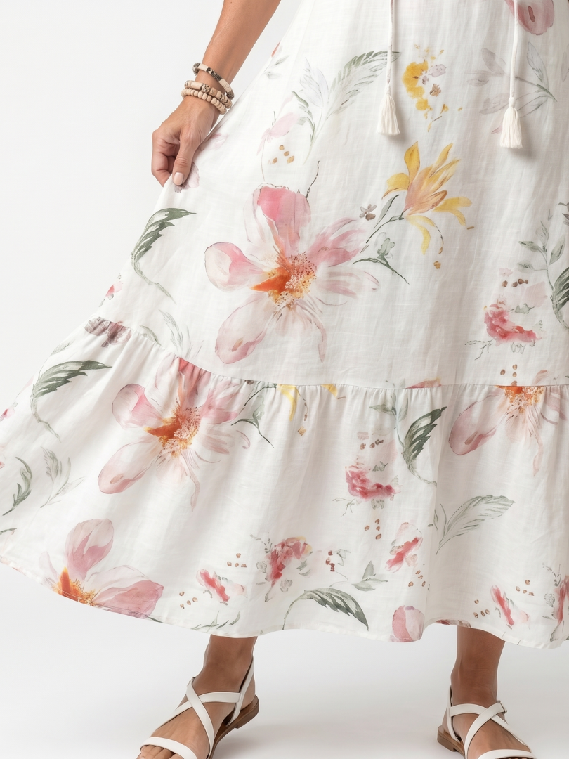 Tiered Midi Dress with Pom Poms and Soft Floral Print
