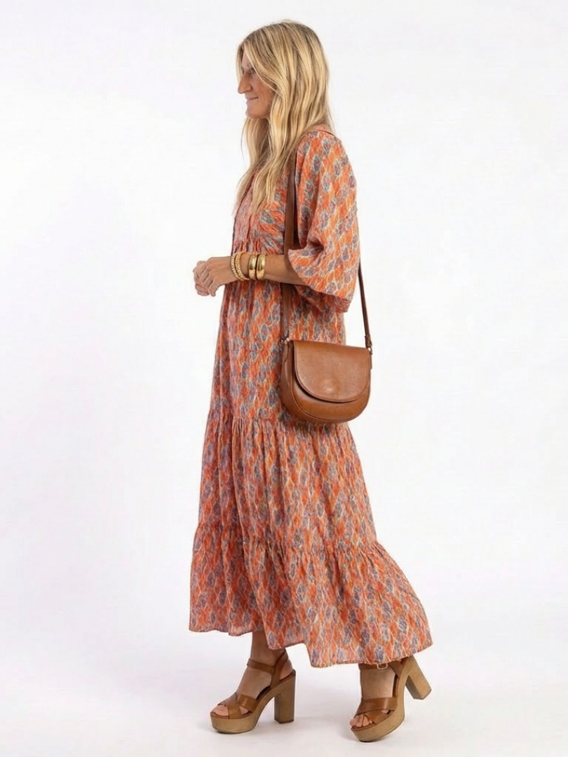 Tiered V Neck Midi Dress with Geometric Print