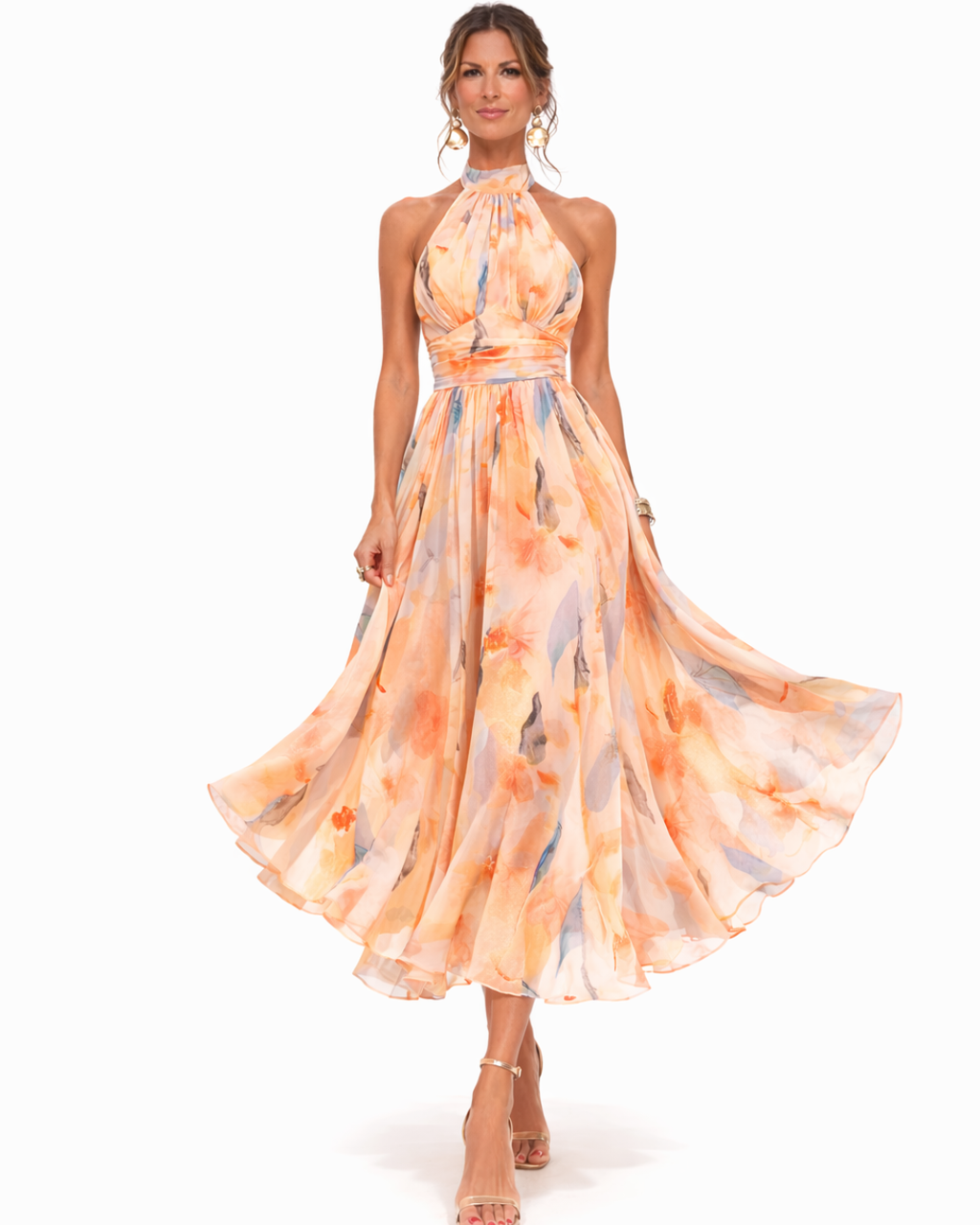 Halter Neckline Dress with Watercolor Print - Style 2