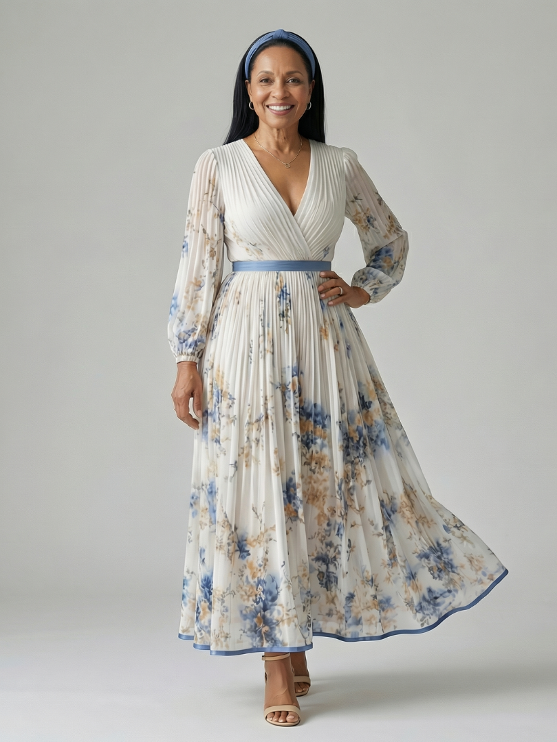 Pleated Wrap Midi Dress