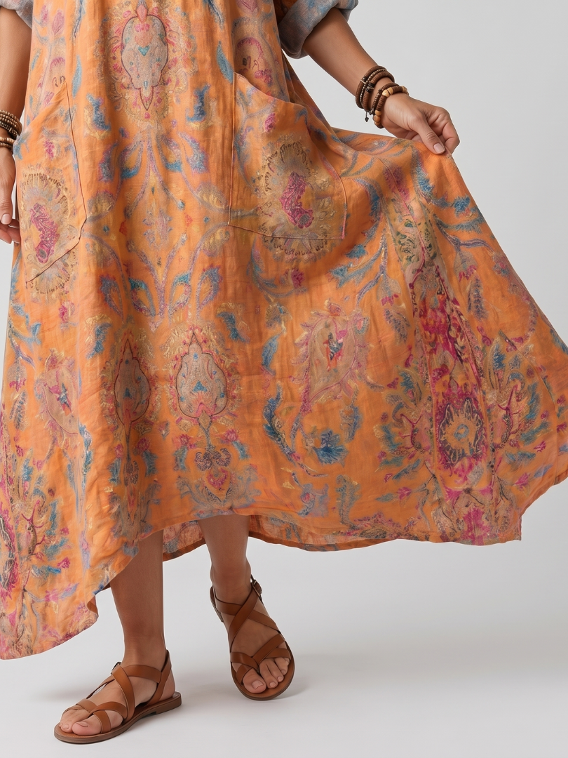 Oversized Printed Midi Dress with Notched Collar and Pockets