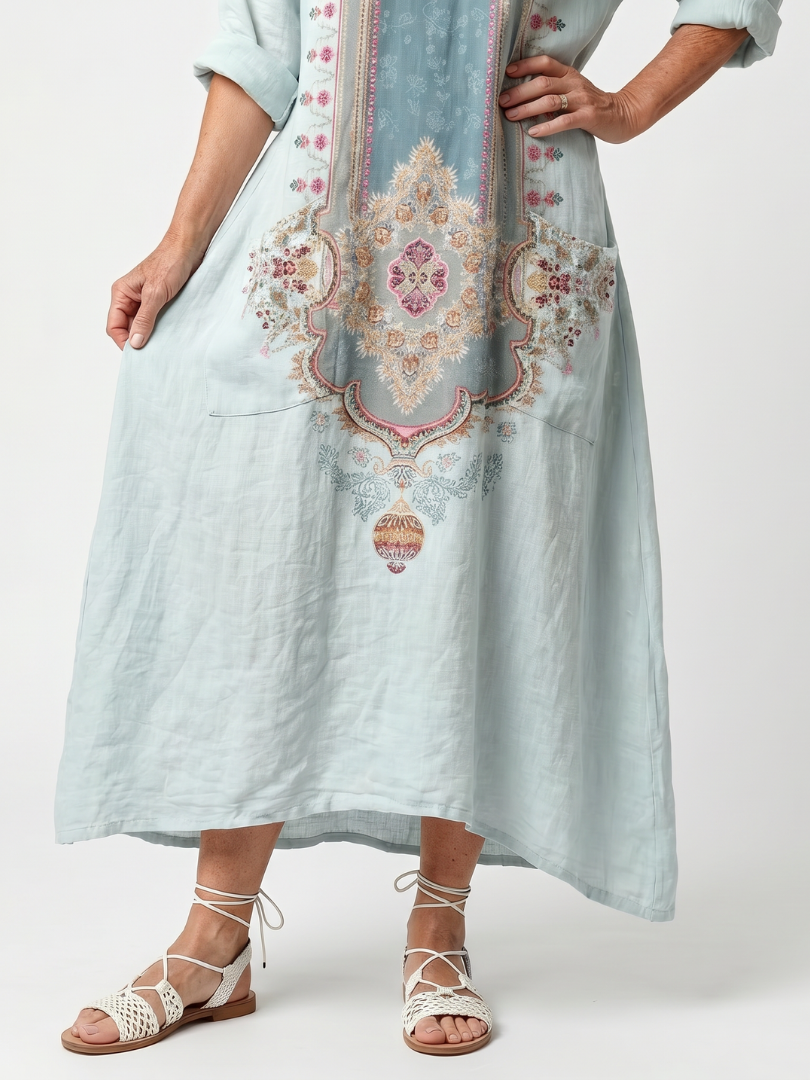 Oversized Midi Dress with Ornamental Embroidered Panel and Pockets