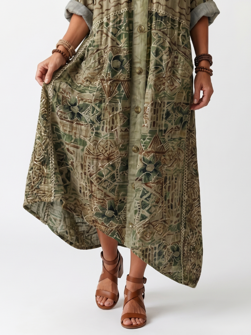 Oversized Button Front Embroidered Midi Dress with Pockets