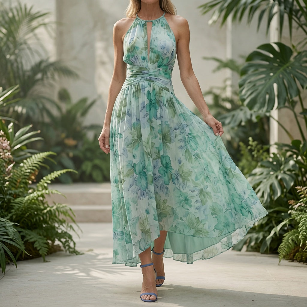 Pleated Crepe Midi Dress with Halter Neck and Floral Print