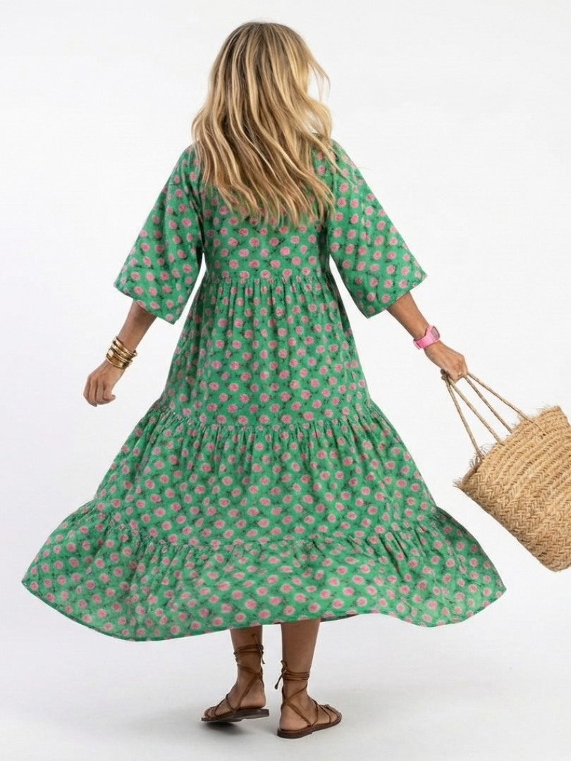 Tiered V Neck Midi Dress with Floral Print