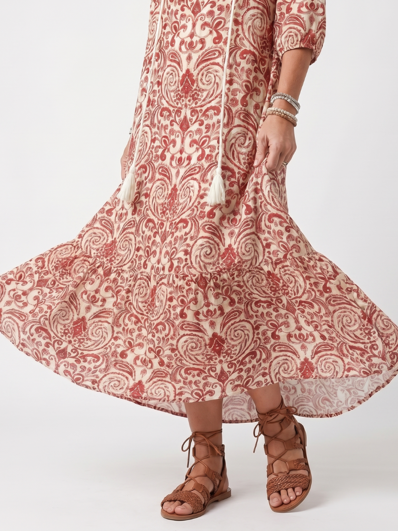 Tie Front Midi Dress with Ornamental Print