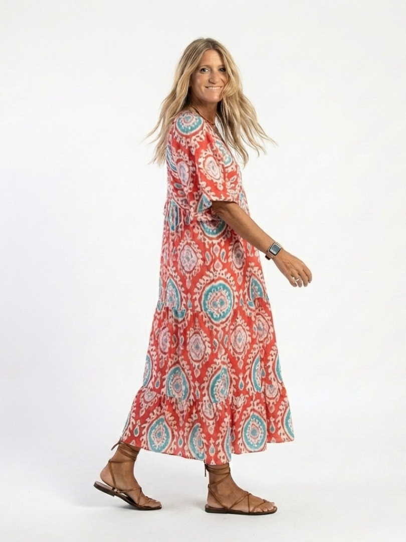 Short Sleeve V Neck Midi Dress with Paisley Print