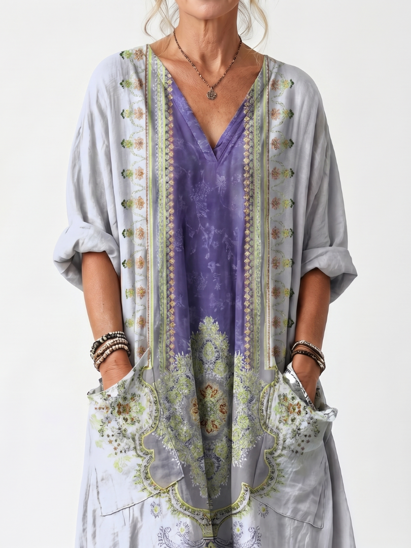 Oversized Midi Dress with Contrast Embroidered Panel and Pockets