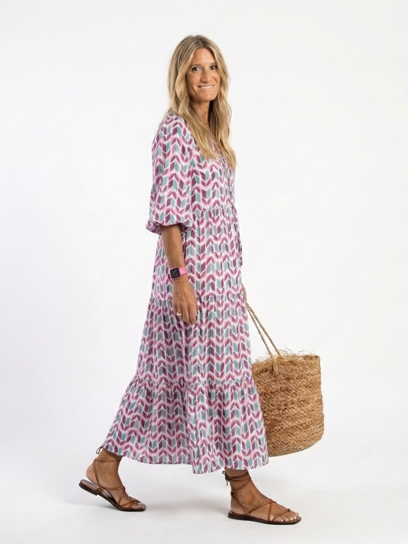 Tiered Long Sleeve Midi Dress with Geometric Print