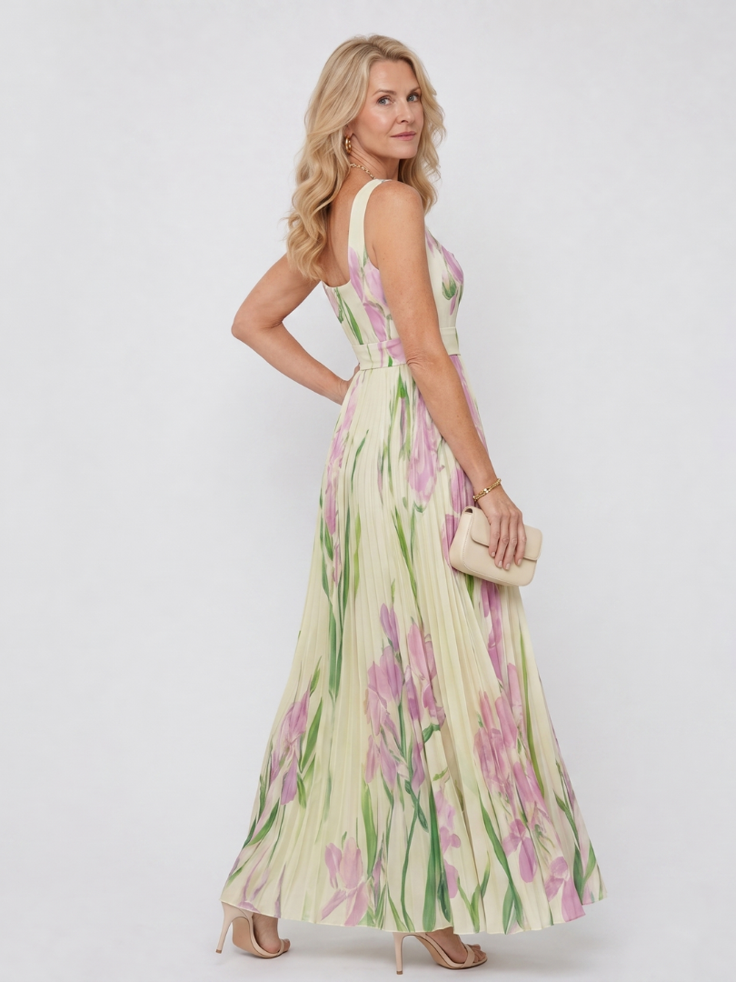Sleeveless Satin Midi Dress with Square Neckline and Elegant Pleats