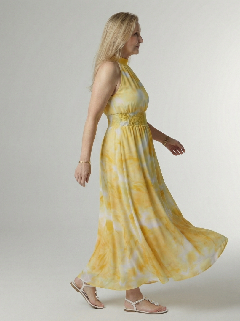 Midi Dress with Gathered Halter Neckline - Yellow