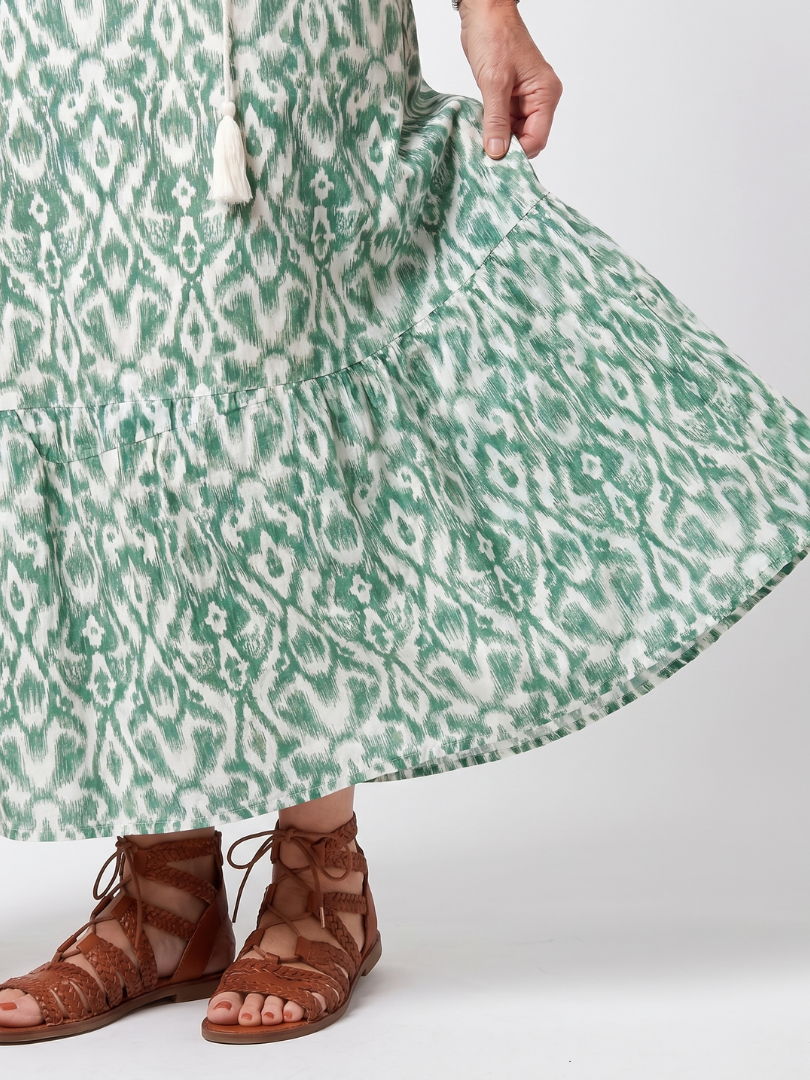 Printed V Neck Tie Front Midi Dress