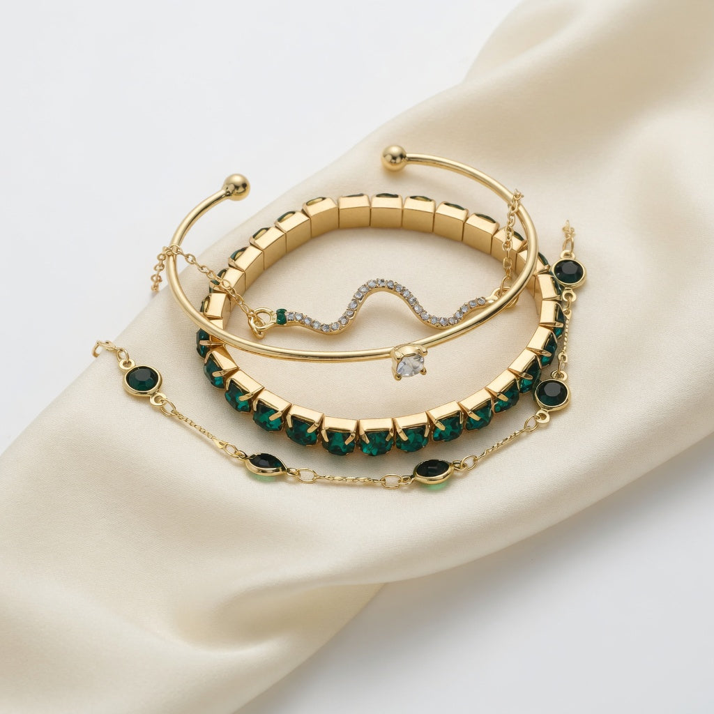 Gold Bracelet Set with Green Stones Precious Elegance