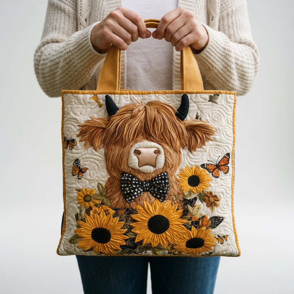 Artisan Tote Bag Highland Cow with Sunflowers
