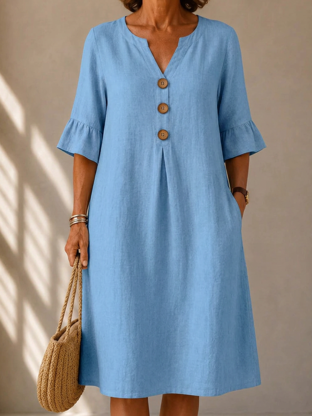 Button Front Dress with Box Pleat