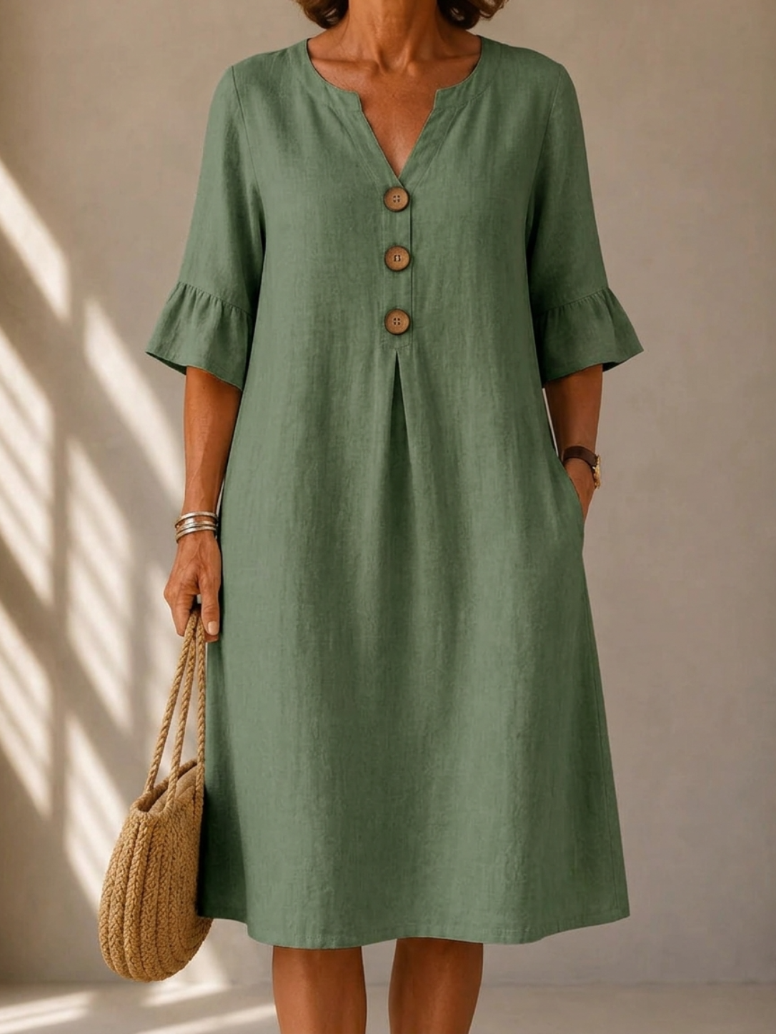 Button Front Dress with Box Pleat