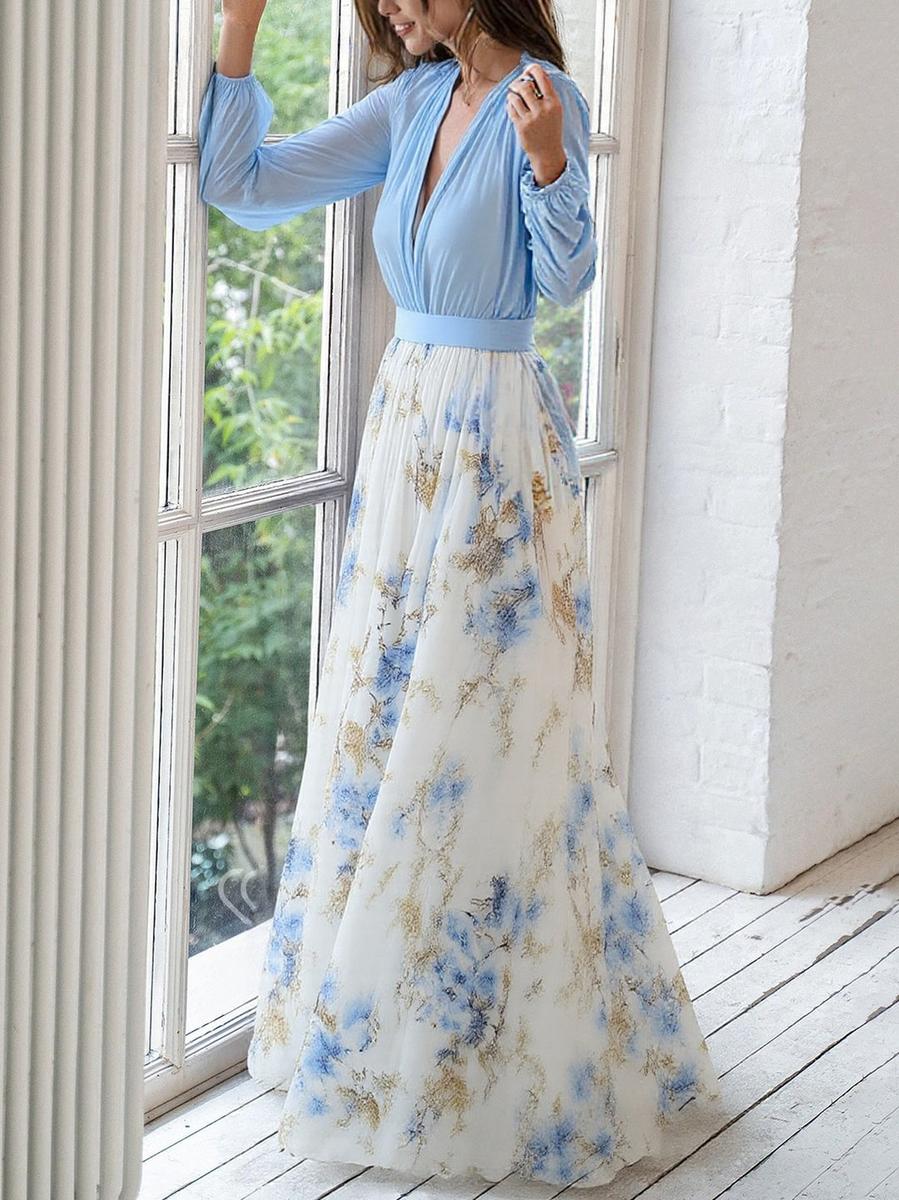 Elegant Floral Dress - Light Blue
