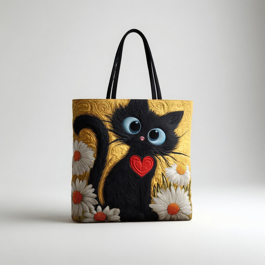 Artisan Tote Bag Black Cat with Daisies
