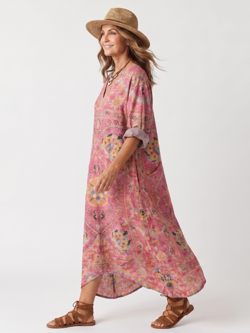 Casual Abstract Print Midi Dress with Pockets