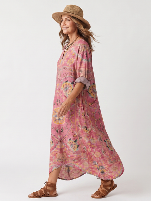 Casual Abstract Print Midi Dress with Pockets