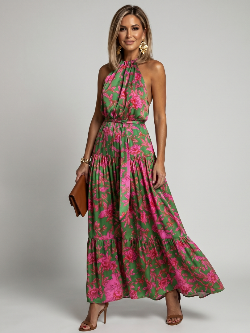 Draped Pink Midi Dress with Elegant Halter Neckline