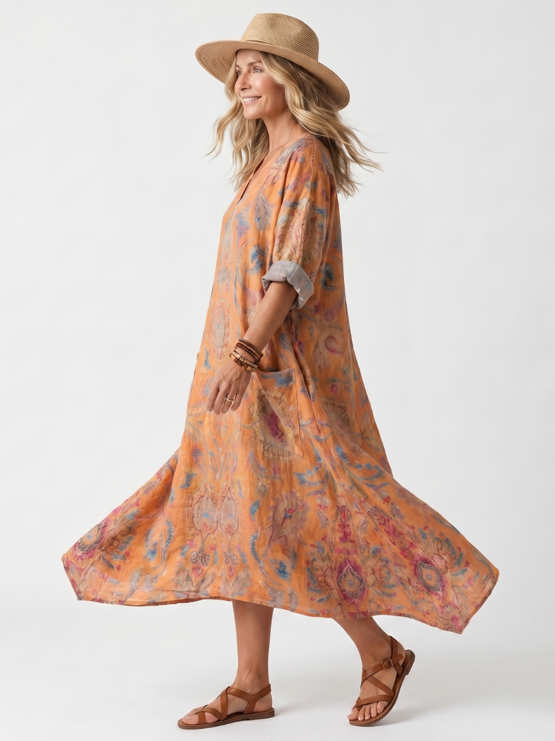 Oversized Printed Midi Dress with Notched Collar and Pockets