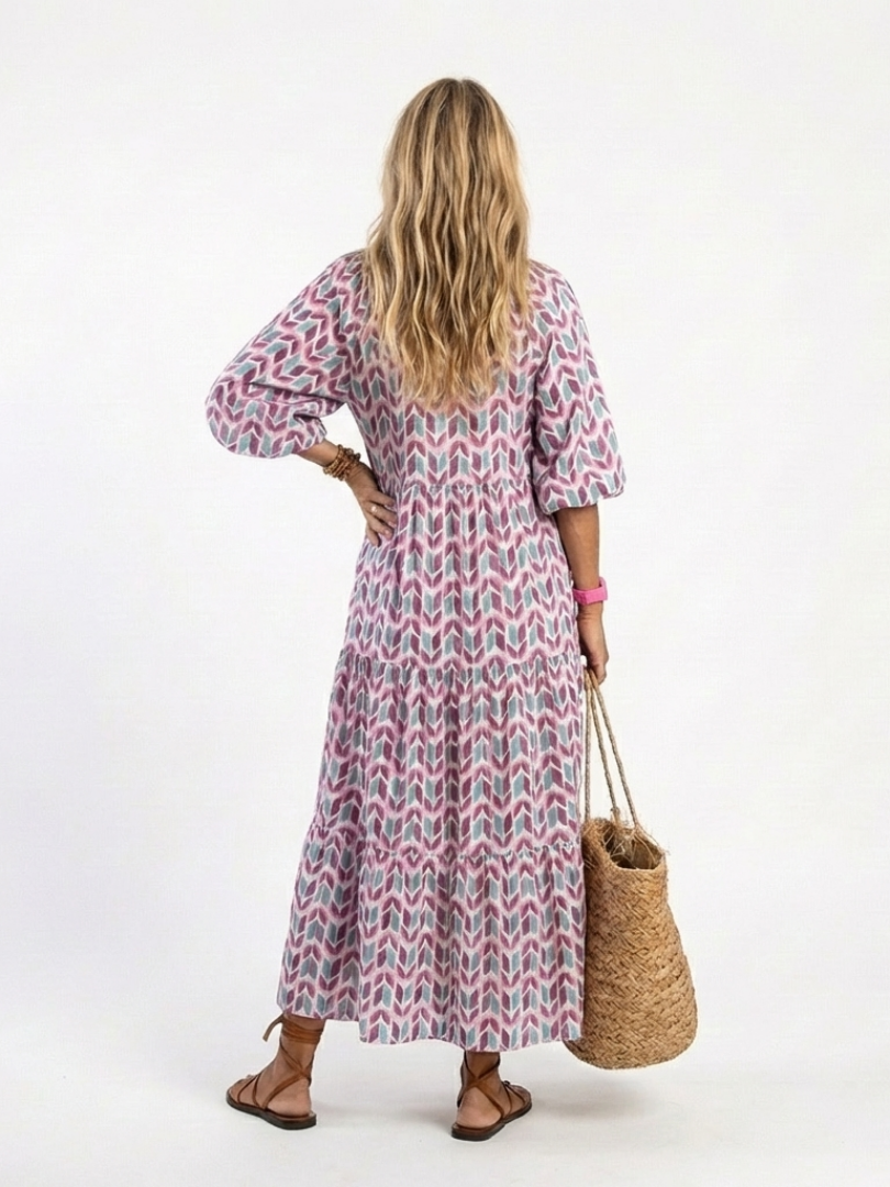 Tiered Long Sleeve Midi Dress with Geometric Print