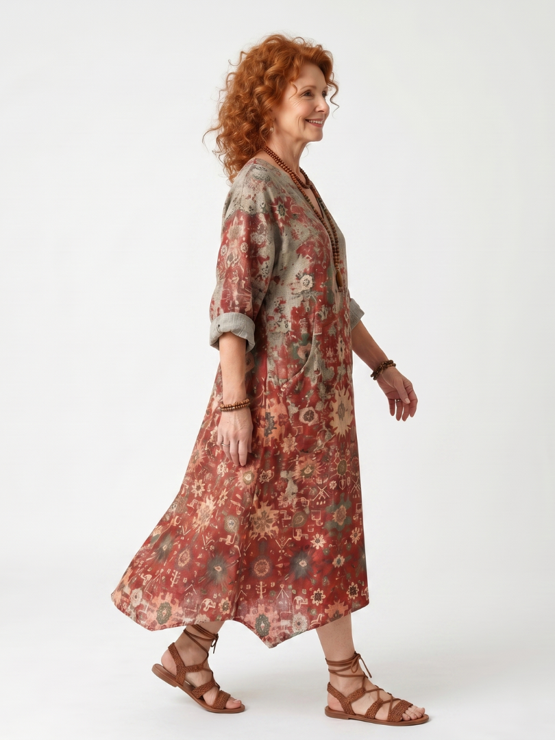 Casual Mixed Print Midi Dress with Pockets
