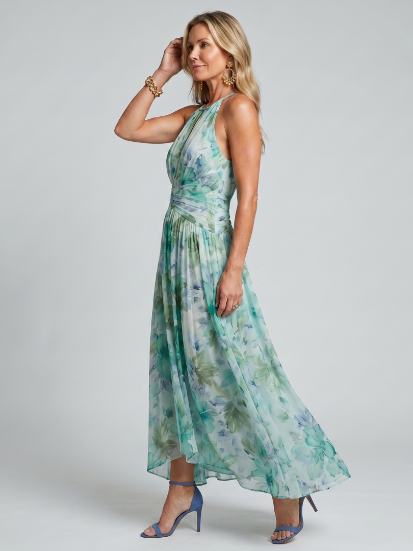 Pleated Crepe Midi Dress with Halter Neck and Floral Print