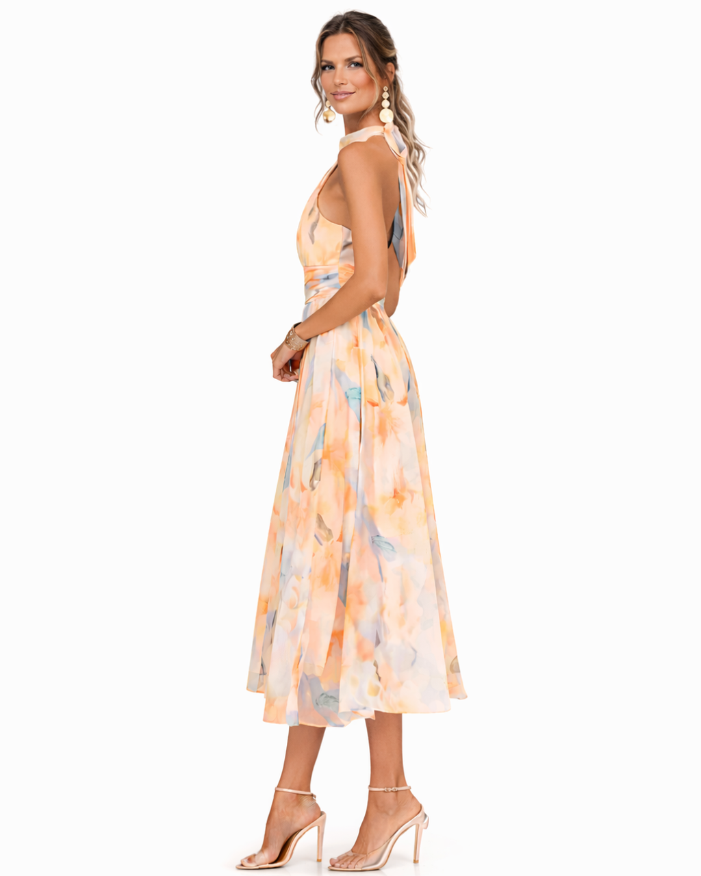 Halter Neckline Dress with Watercolor Print - Aurora
