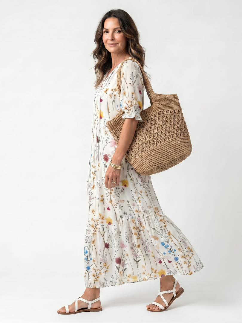 Tie Front Midi Dress with Botanical Print
