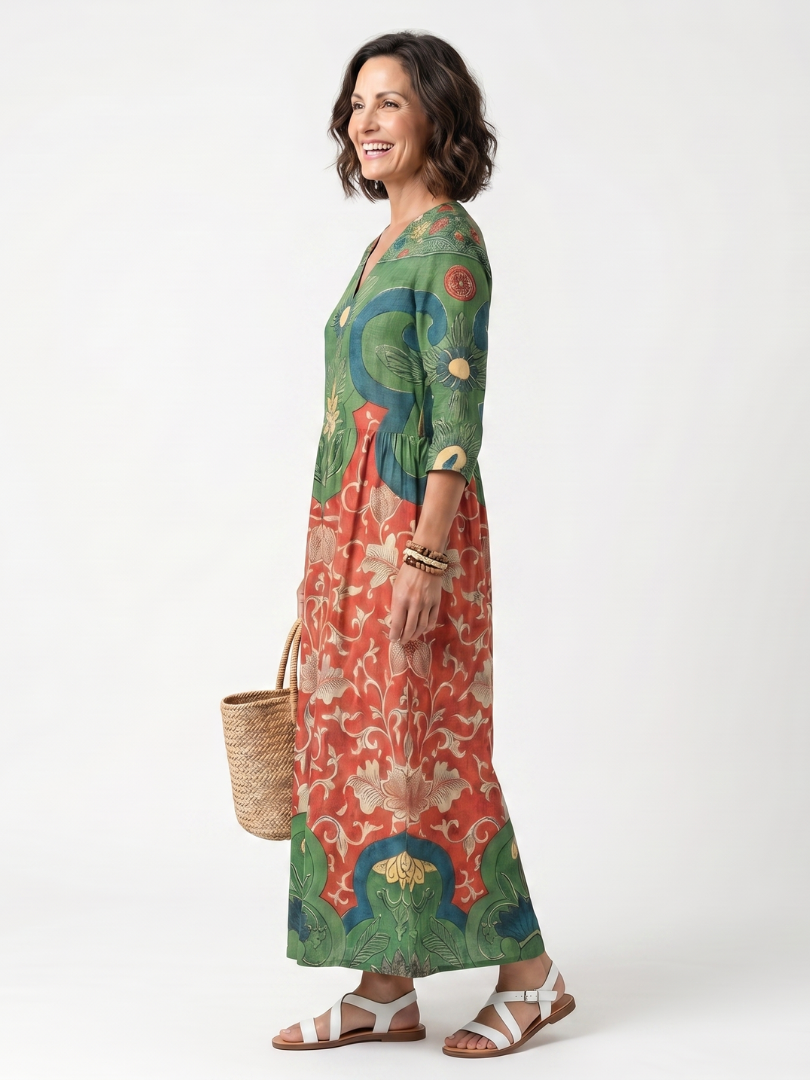 V Neck Midi Dress with Mixed Print and Pockets