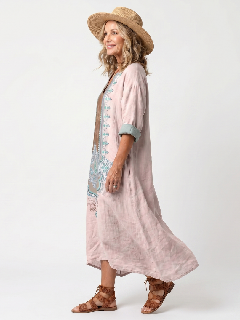 Casual Midi Dress with Embroidered Panel and Pockets
