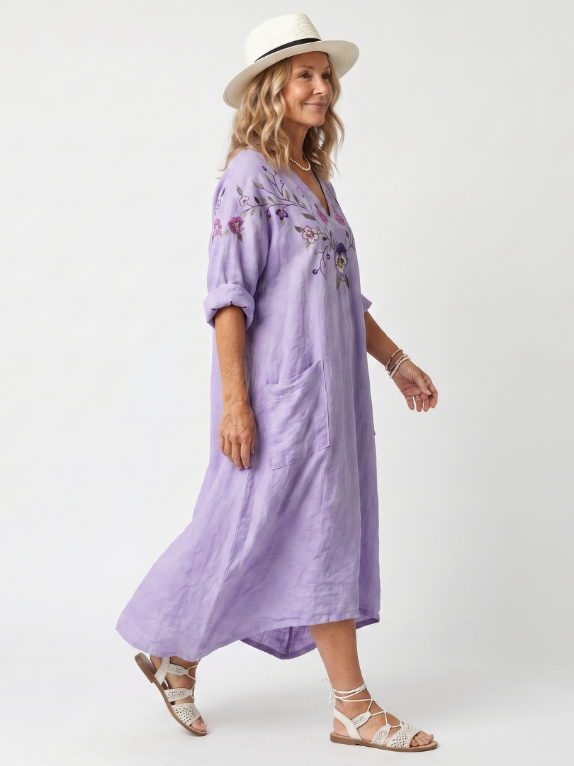 Oversized Floral Embroidered Midi Dress with Pockets