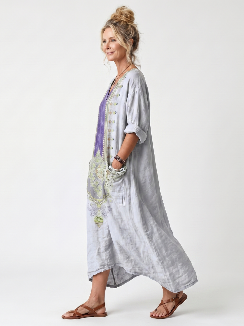 Oversized Midi Dress with Contrast Embroidered Panel and Pockets