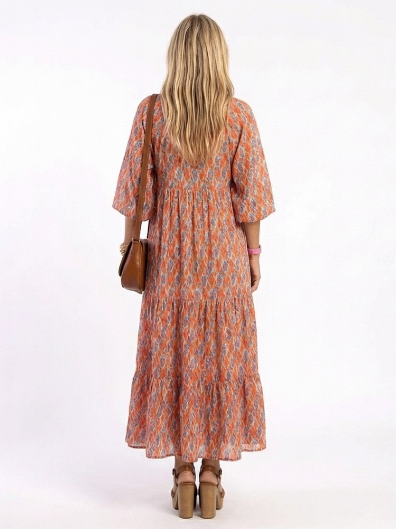 Tiered V Neck Midi Dress with Geometric Print
