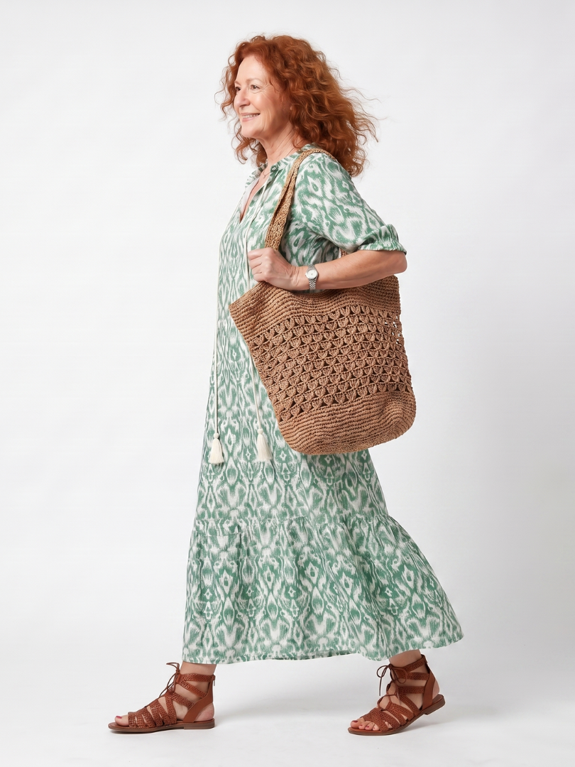 Printed V Neck Tie Front Midi Dress