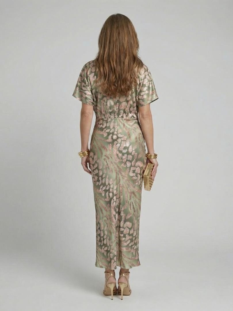 Abstract Print Midi Dress with V Neckline and Twisted Waist